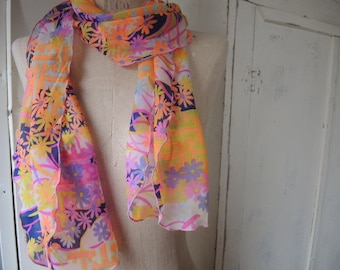 Vintage 1960s sheer nylon scarf mod era abstract floral 10 x 60 inches