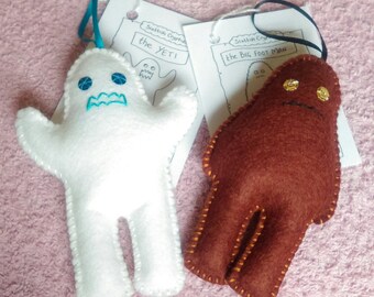 Felt Big Foot and Yeti hanging decoration odd couple