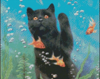 CAT and GOLDFISH cross stitch pattern No.186