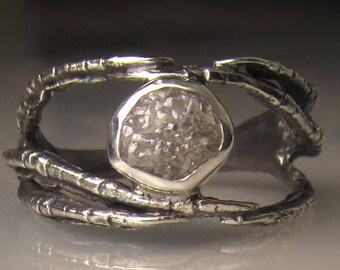 Raw Diamond Talon Ring in Recycled Sterling Silver, Diamond Claw Engagement Ring