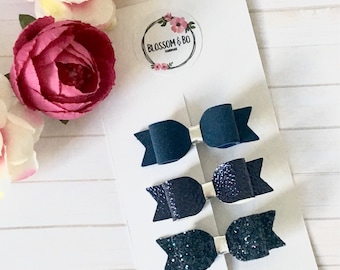 Navy blue hair bow set, glitter bow clips, girls hair bow set