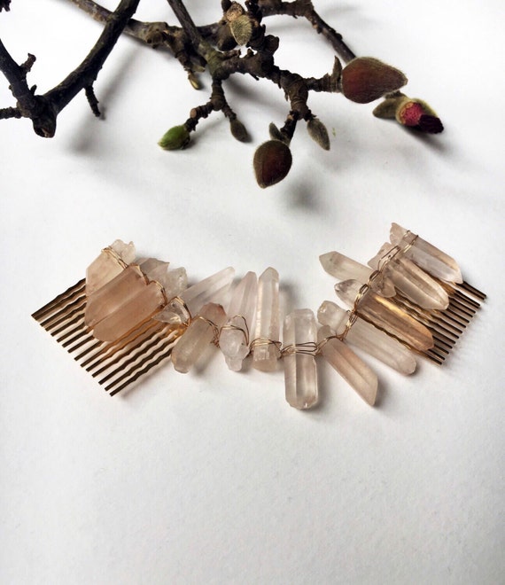Quartz crystal double hair comb. Wedding hair accessory.