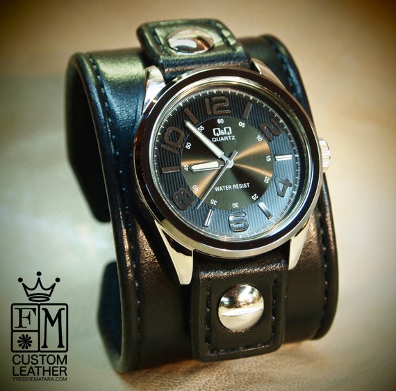 Leather cuff Watch Vintage Black bridle leather watchband, handstitched wrist watch made for YOU in New York by Freddie Matara