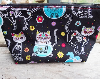 Sugar Skull Cats Makeup Bag | Cute Skeleton Cats Fabric | Mother's Day Gift | Cat Lovers | Cute Gift Under 20 | Accessory Bag | Bridesmaid