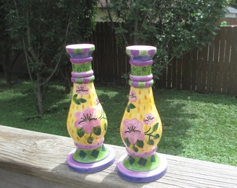 Milson & Louis Colorful Hand Painted Candlesticks, Candle Holders,