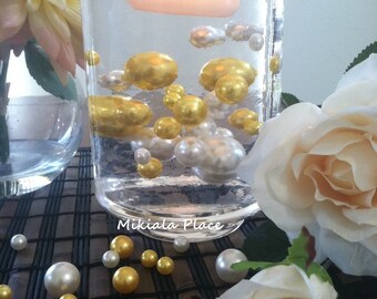 Golden Anniversary Elegant Floating Jumbo Pearls Ivory/Gold Yellow Vase Fillers/Wedding Centerpiece, Table Confetti, Scatters