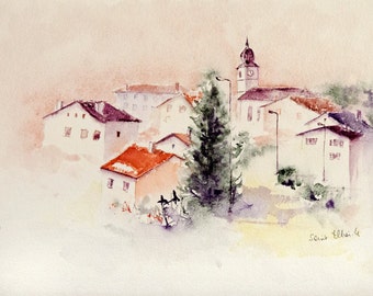 Original watercolor of a village in France, with houses, church, and tree, original painting of France