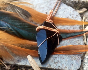 Obsidian Arrowhead Copper Pendant