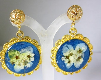 Bridal Wreath Flowers, Real Flower Post Earrings, Pressed Flower Jewelry, Resin (2059)