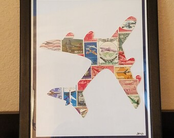Airplane - Recycled Postage Stamp Art (8''x10'')