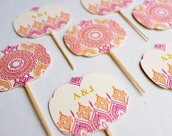 Personalized Indian Hindu Wedding Cupcake Toppers. Henna Mehndi Party Decoration. Hindu Wedding Cake Toppers. Moroccan style. Sets of 9