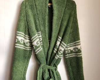 vintage 70s chunky knit green belted shawl cardigan sweater surf boho