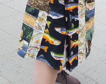 Fishy colorful wrap skirt, knee length, with pockets