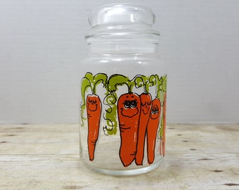 Hildi Glass Canister, Carrots, Anthropomophic, retro, 1970s