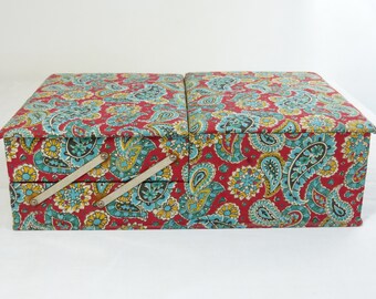 Red & turquoise paisley flower fabric AU BON MARCHÉ sewing box - mid century foldable needlecraft storage - French 50s vintage