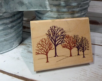 WINTER WOODS stamp, Wood Mounted Rubber Stamp, Tree Stamp, Landscape Stamp, Rubber Stampede, Paper Crafting