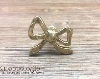 Gold Metal Bow Knob - 1.5" Ribbon Bow Drawer Pull - Whimsical Baby Girl Nursery - Cabinet Decor