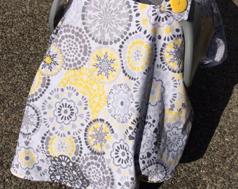 Baby Car Seat Cover: Gray and Yellow Floral Circle Bursts with Gray Minky, Personalization Available