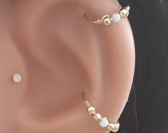 White Opal 2mm Helix Earring- Gold Beaded Cartilage Hoop - Silver Helix Piercing - October's Birthstone-20g, 22g, 24g-Father's Day,Gifts