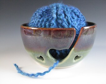 Ceramic Yarn Bowl, Pottery Knitting Bowl, Hearts, Earthy Brown and Spearmint Green