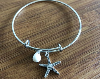 Hawaiian Island Style Bangle Bracelet with Cone chell and Star fish Charm