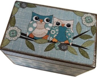 File Box, Recipe Box, Address Index Card Box, Decoupage Wooden Box, Holds 4x6 Cards, Home Office Decor, Owl Box, Organizer, MADE TO ORDER