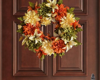 Fall Wreaths | Dahlia & Lily Wreath | Autumn Wreath | Front Door Wreaths | Outdoor Wreath | Fall Door Decorations