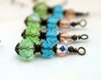 Vintage Style Green, Aqua Blue and Peach Crystal Rondelle Bead Dangle, Earring Dangle Charm Pendant Drop Set, Jewelry Making, Components