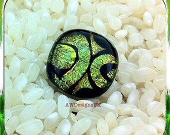 Dichroic Glass Feature Button - Iridescent Shimmering Colour Changing Green Gold Teal Blue on a Silvered Metal Loop Back .. 14mm