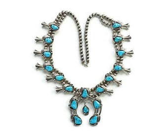 Native American Navajo Morenci Turquoise Sterling Squash Blossom Necklace Signed Y & R Charley