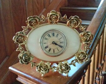 Matson or Stylebuilt Gold Rose Oval Filigree Ormolu Clock