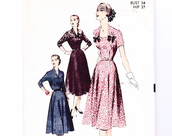 1950s Sewing Pattern Advance Size 16 Bust 34 Lace Yoke Fit and Flare Day or Evening Dress Pattern UNCUT