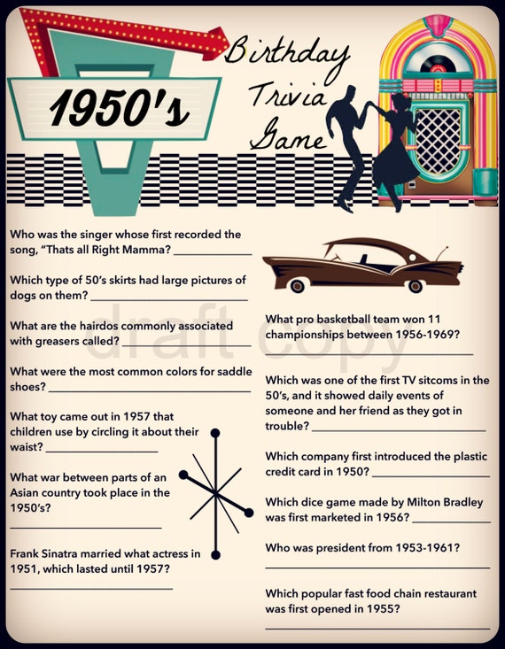 Birthday 1950 s Birthday Party Trivia Game Birthday Birthday 1950 s Birthday Party Trivia Game Birthday