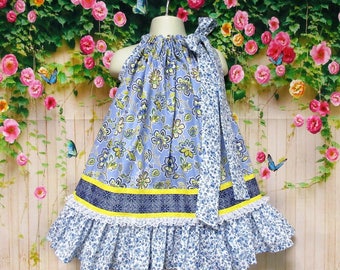 Girls Dress 2T/3T Blue Yellow Flower Pillowcase Dress, Pillow Case Dress, Sundress, Boutique Dress