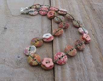 Colourful Floral Print Button Necklace - Short Choker Length