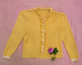 Vintage 1930's Yellow Hand Knit Ruffled Sweater, Knitwear 30's Fashion, Women's Button Up