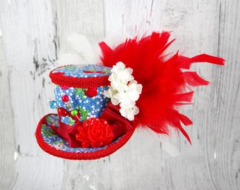 Red, Blue, and White Resin Flower Medium Mini Top Hat Fascinator, Alice in Wonderland, Mad Hatter Tea Party, Derby Hat