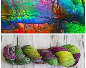 Hand Dyed Sock Yarn, Merino, Nylon, Stellina, Sparkle, Perfect for Those Special Socks, Shawls and Other Lightweight Accessories - Ammolite