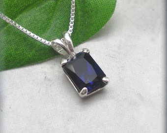 Emerald Cut Blue Sapphire Necklace, Sterling Silver, September Birthstone, Blue Sapphire Jewelry, Gemstone Necklace, Something Blue Wedding