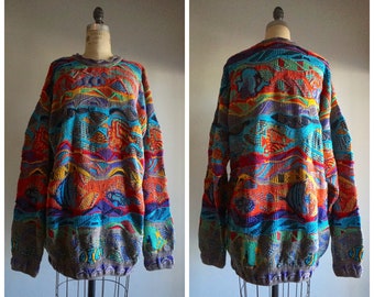 Vintage 90s COOGI Knit Rainbow Stripes & Tropical Fish Sweater