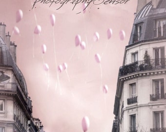 The soaring balloons, pink balloons in the sky of Paris, baby pink color, Picture Nursery, Shabby Chic, Parisian Architecture
