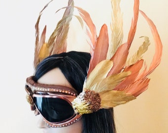 Burning Man Phoenix Valkyrie Goggles | Festival Steampunk Goggles | Feather Phoenix Fire Headdress Headpiece