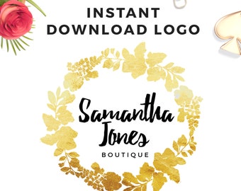 Logo Design Instant download Gold Wreath Logo - DIY Logo Design - Floral Wreath Gold - Photoshop Logo - PSD Logo Template - Watermark Design