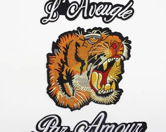 A Set of Tiger Embroidered Patch ,Tiger Applique with Letters for Garment,Large Tiger applique patch, iron on or sew on embroidery