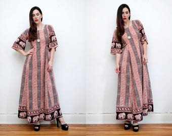 Vintage Indian Block Cotton Batik Hippie Kaftan Kimono Boho Maxi Dress 70's