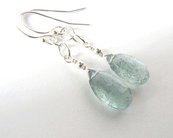 Moss Aquamarine Gemstone Teardrop Earrings, Sterling Silver, March Birthstone, Pastel Teal Stone, Ear Wire Options