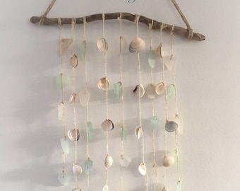 Driftwood Sea Glass Shell Wind Chime Blues and Clear Beach Inspired Home Decor Wall Hanging Shabby Chic Natural Nautical Decor
