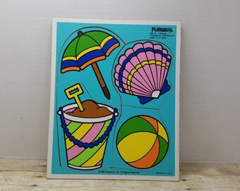 Vintage Playskool Puzzle, 1986, Wood puzzle, Things at the Beach, vintage toy
