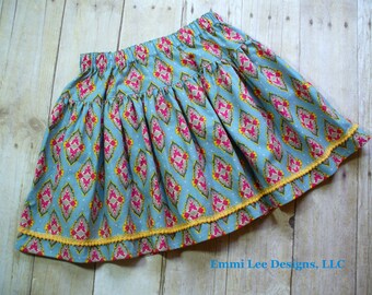 Ready to Ship Size 2T,Girls Skirt,Girls Clothing,Toddler Skirt,Blue,Yellow,Little Girls Skirt,PomPoms