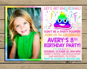Rainbow Poop Emoji Invitation * Poop Emoji Birthday Invite With Photo * Rainbow Poop Birthday Party Invitations * Personalized * YOU PRINT